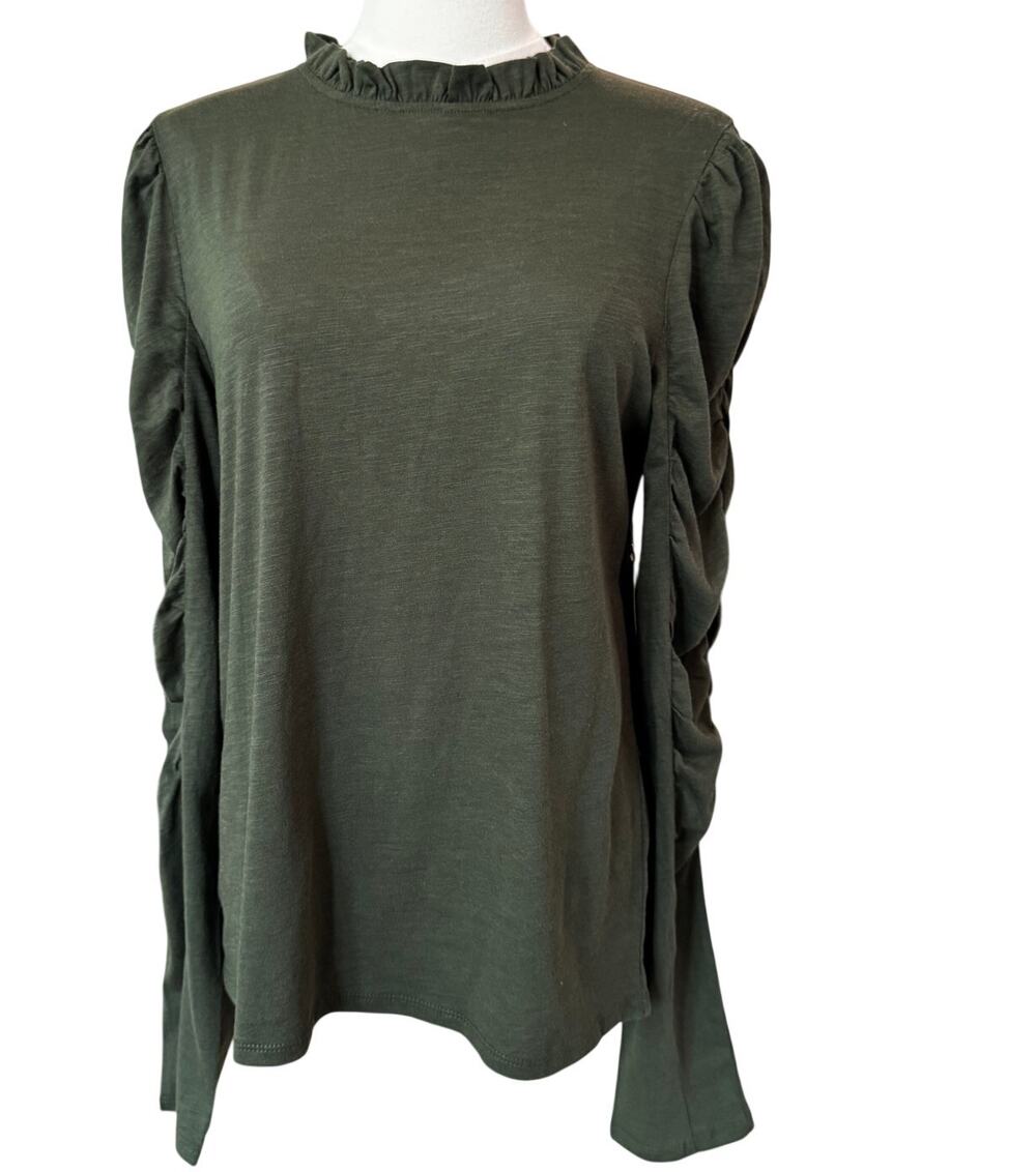 New Maeve by Anthropologie Green Ruched Puff Sleeve Ruffle Neck Top Size M